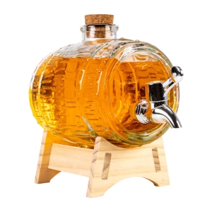 SKLENĚNÝ SUD „rýhovaný“ soudky s kohoutkem 1 L na stojanu na domácí pálenku, whisky