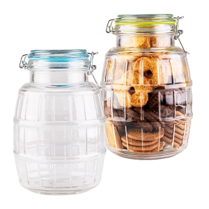 Skleněná hermetická nádoba – 2100 ml – 2,1 l – s reliéfem sudu a mechanickým uzávěrem