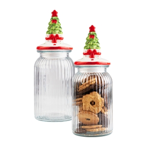 Vánoční skleněná dóza s keramickým víčkem Stromeček 1350 ml na sušenky, perníčky a bonbony.