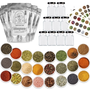 Sada koření: 24x skleničky 150 ml + 24x bylinky, koření + 75x barevné etikety