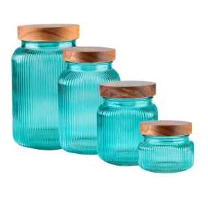 SADA 4 kusy – rýhované skleněné nádoby s dřevěným víčkem 0,5 l + 1 l + 2 l + 3 l na skladování potravin – tyrkysová barva