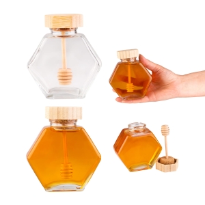 Sklenice 220 ml na med, Hexagon se dřevěnou lžičkou