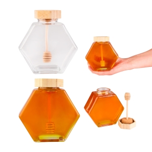 Šestihranná sklenice 380 ml, Hexagon se dřevěnou lžičkou na med