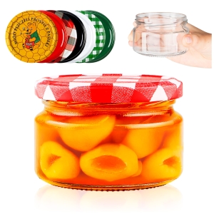 Nízká skleněná sklenice 250 ml na koření, džem, marmeládu, med, zavařeniny, svíčky + DÁREK