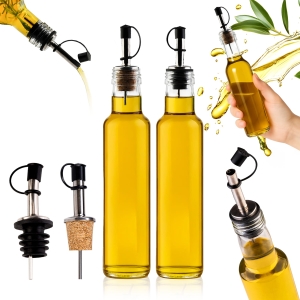 Láhev DORICA 250 ml BÍLÁ PRŮHLEDNÁ s kovovým dávkovačem nalévací trysky na olivový olej, olej, ocet