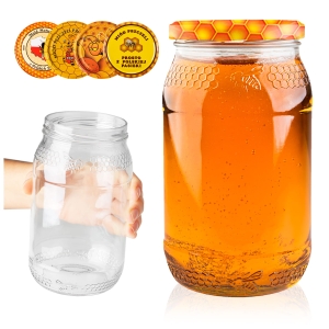 Skleněná nádoba 900 ml na zavařeniny, med nebo včelí pyl s reliéfem plástve a včely + DÁREK