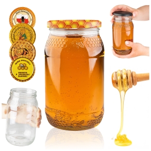 Sada 60 kusů – sklenice 900 ml s reliéfem plástve a včely na zavařeniny a med