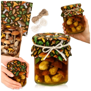 10x ubrousky krytky na sklenice, zavařeniny HOUBY + 10 m jutový provázek