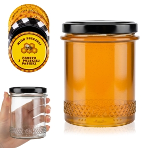 Skleněná sklenice 400 ml jednoduchá s okrajem MED na zavařeniny, med, džemy, včelí pyl + ZDARMA