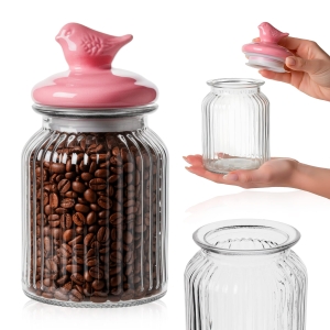 Skleněná nádoba 1000 ml s keramickým víčkem Pták – na sušenky, perníčky a bonbóny