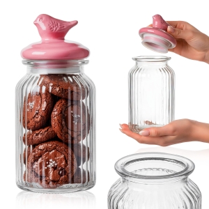 Skleněná nádoba 1350 ml s keramickým víčkem Pták – na sušenky, perníčky a bonbóny