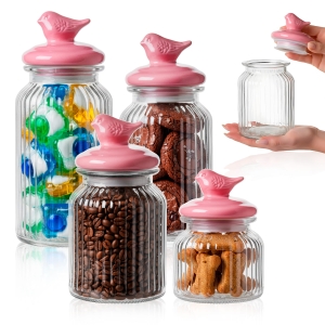 Sada 4 kusů – skleněné nádoby s keramickým víčkem Pták – na sušenky, perníčky a bonbóny