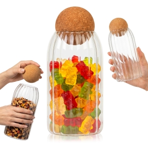 Rýhovaná skleněná nádoba 870 ml na uchovávání potravin s korkovou kuličkou