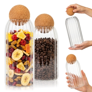 2x Rýhované skleněné nádoby 870 ml + 1,4 l na uchovávání potravin s korkovou kuličkou