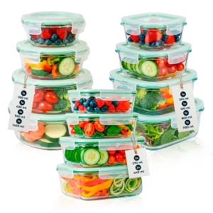 12× hermetické skleněné nádoby (4× kruhové + 4× čtvercové + 4× obdélníkové) na skladování potravin