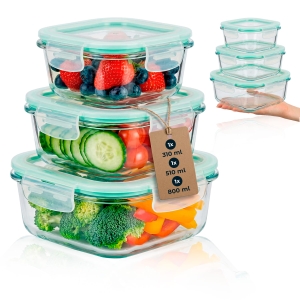 3x hermetické skleněné čtvercové nádoby 310 ml + 510 ml + 800 ml na uchovávání potravin