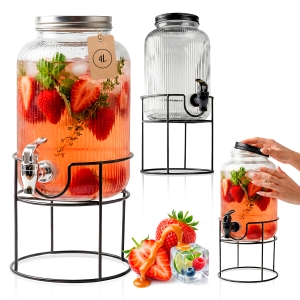 Rýhovaný skleněný sud s kohoutkem – 4 l + stojan – na limonádu, vodu a džus