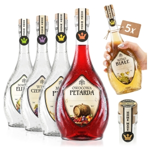 5x skleněné láhve Icona 500 ml s etiketami s kolkem na nalévky, lihoviny, domácí pálenku, destilát, likér, víno, med