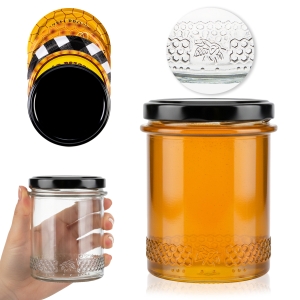 Skleněná sklenice 400 ml jednoduchá s okrajem MED na zavařeniny, med, džemy, včelí pyl + ZDARMA