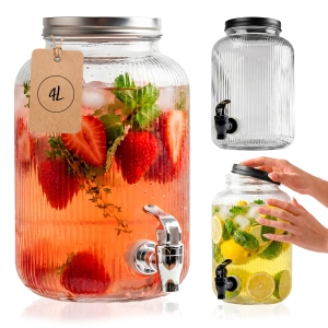 Rýhovaný skleněný sud 4 l s kohoutkem – na limonádu, vodu, džus nebo drinky