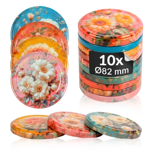 Sada 10 kusů – víčka KVĚTY fi 82 mm na sklenice, skleničky, dózy