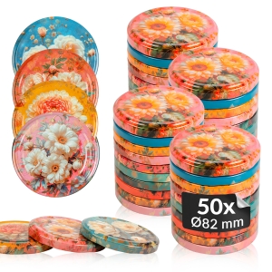 50 kusů - ZÁTKY KVĚTY průměr 82 mm víčka na sklenice, sklenice, nádoby
