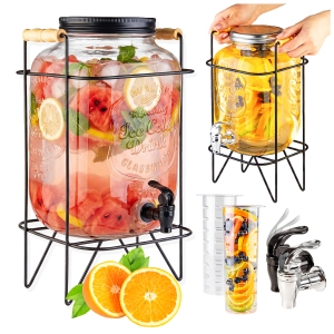 Skleněná nádoba – 8 l – na limonádu, vodu, šťávu s kohoutkem + stojan