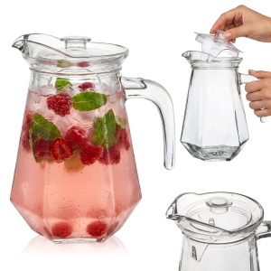Skleněný džbán 1,2 l na vodu, šťávy a limonádu s uchem a plastovým víkem