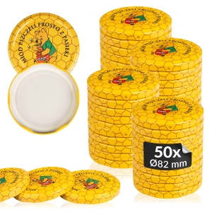 50x víčko na med medvídek Pú, průměr 82 mm, na sklenice a zavařovací sklenice
