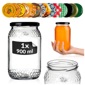 Skleněná nádoba 900 ml na zavařeniny, med nebo včelí pyl s reliéfem plástve a včely + DÁREK