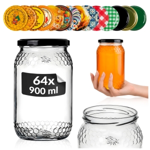 48x sklenice 900 ml s reliéfem plástve a včely na zavařeniny a med