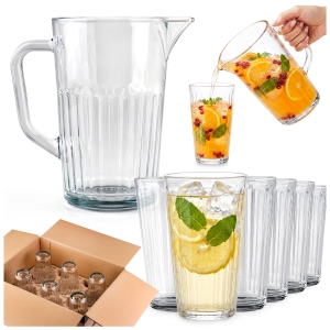 1× rýhovaný džbán ARVID 1 l + 6× rýhované sklenice 370 ml – sada na džusy, drinky a nápoje