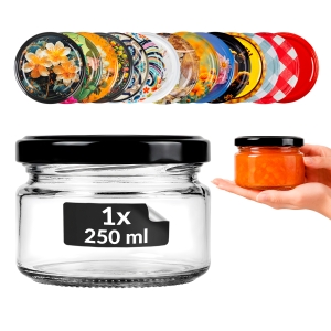 Nízká skleněná sklenice 250 ml na koření, džem, marmeládu, med, zavařeniny, svíčky + DÁREK