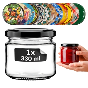 Skleněná sklenice 330 ml na koření, džem, marmelády, med, houby + ZDARMA