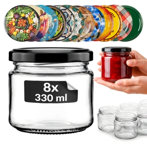 8x skleněná sklenice 330 ml na zavařeniny, džem, marmelády, med, houby + ZDARMA