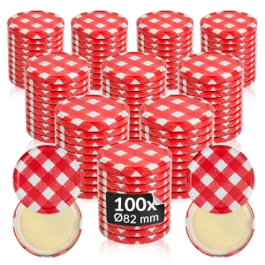 100x víčko se červenou kostkou, průměr 82 mm, na sklenice a zavařovací sklenice