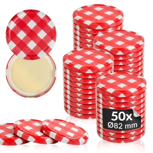 50x víčko se červenou kostkou, průměr 82 mm, na sklenice a zavařovací sklenice