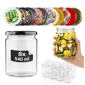 8x skleněná sklenice 540 ml na zavařeniny, džemy, med, povidla + ZDARMA