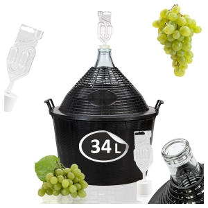 Skleněný balón 34L v koši na víno + zátka + fermentační trubička