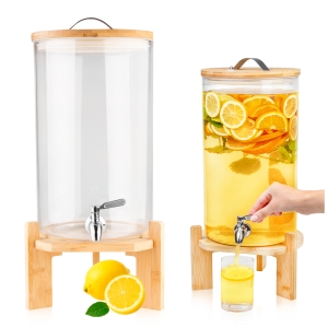 Skleněná nádoba 10 l s nerezovým kohoutkem na limonádu, vodu, šťávy – s bambusovým víkem, teploměrem a stojanem
