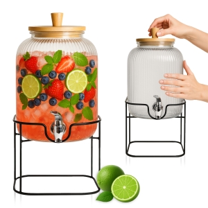 Skleněná nádoba 5L na kovovém stojanu s rýhováním a kohoutkem na limonádu, vodu, šťávu s bambusovým víkem