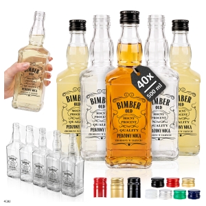 Sada 40 kusů – Láhev DANIELS 500 ml – sítotiskový potisk BIMBER na whisky, vodku, bourbon, pálenku, koňak, likéry