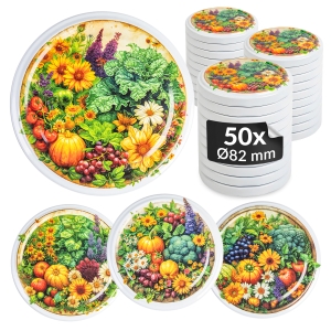 50x víčko ZAHRADA MIX fi 82 mm na zavařovací sklenice a sklenice na uskladnění potravin
