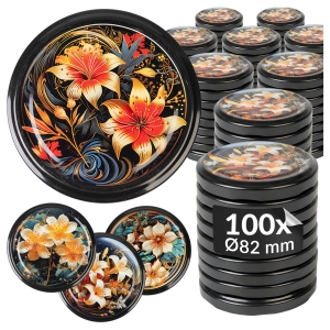 100x víčko TWIST KVĚTY ZLATÉ MIX fi 82 mm na sklenice, zavařovací sklenice