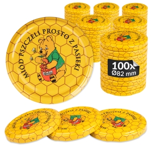 100x víčko na med medvídek Pú, průměr fi 82 mm, na sklenice a zavařovací sklenice