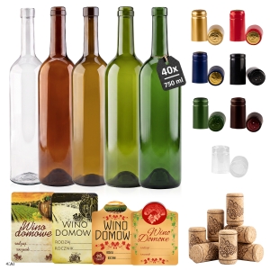 40× skleněná láhev BORDEAUX 750 ml + zátky na víno + etikety na víno + teplem smrštitelné návleky