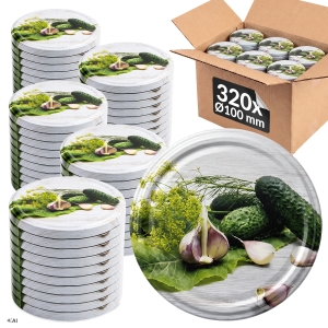 320x šroubovací víčka fi 100 mm OKURKY na sklenice, zavařovací sklenice, sklenic