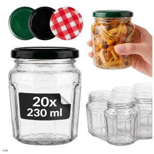 20× skleněné zavařovací sklenice 230 ml Konfitura na džemy, medy, zavařeniny a povidla + ZDARMA