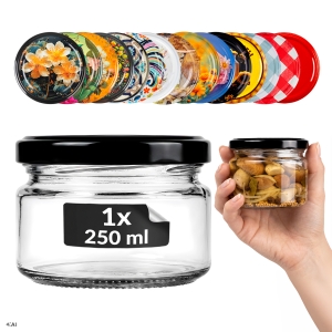 Nízká skleněná sklenice 250 ml na koření, džem, marmeládu, med, zavařeniny, svíčky + DÁREK