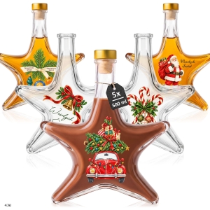 5x láhev Gwiazdka 500 ml s korkem a vánočními nálepkami na likéry a likéry